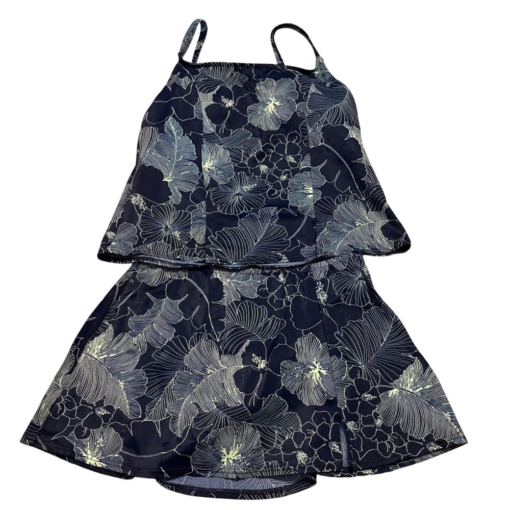 UNITE! Tankini Set Women 12 Navy Blue Good Floral 3pc Swimsuit Sarong
